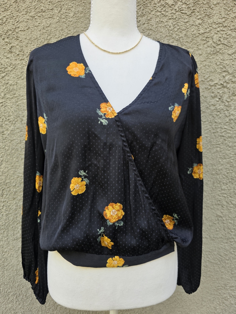 Madewell Black Wrap Blouse with Yellow Floral Print